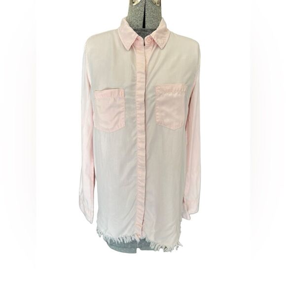 Beach Lunch Lounge Pink Frayed Fringe Button Down Top - Picture 2 of 11